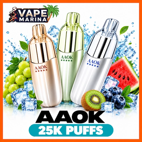 AAOK 25000 puffs disposable vapes with clear tanks in rose gold, green and silver