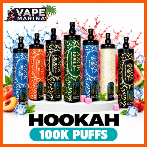 AAOK Hookah 100000 puffs shisha disposable vapes in Peach Ice, Strawberry Bubblegum, Watermelon Bubblegum and other flavours
