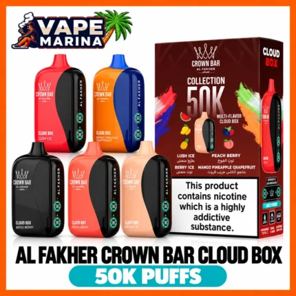 Al Fakher Crown Bar Cloud Box 50000 puffs disposable vapes in Lush Ice, Mango Pineapple Grapefruit, Mixed Berry, Peach Berry and Berry Ice