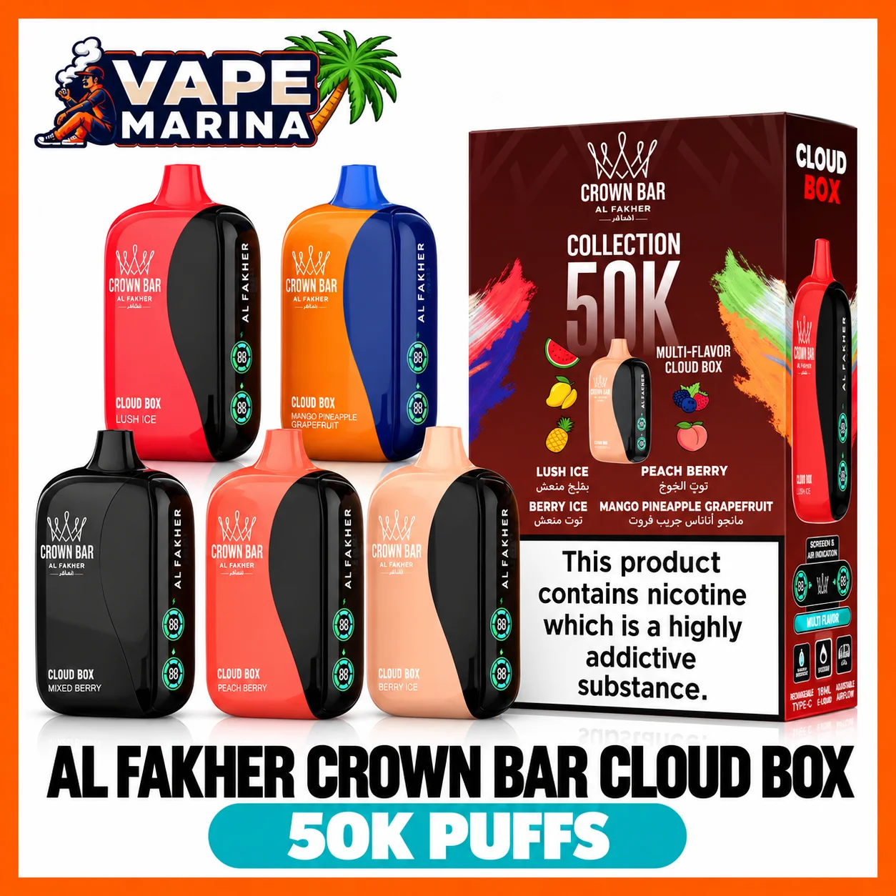 Al Fakher Crown Bar Cloud Box 50000 Puffs Disposable Vape Al Fakher Crown Bar Cloud Box 50000 puffs disposable vapes in Lush Ice, Mango Pineapple Grapefruit, Mixed Berry, Peach Berry and Berry Ice