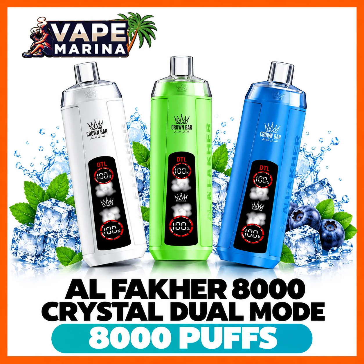 Al Fakher Crown Bar Crystal 8000 Puffs Dual Mode Disposable Vape Al Fakher Crown Bar Crystal 8000 puffs dual mode disposable vapes in white, green and blue
