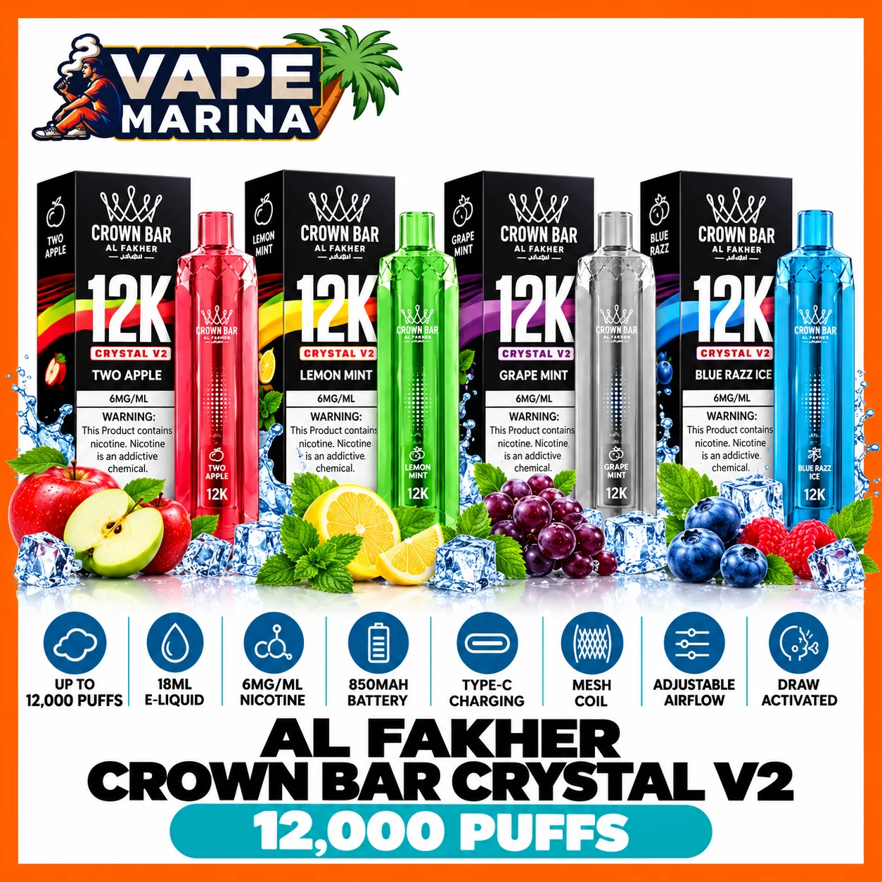 Al Fakher Crown Bar Crystal V2 12000 Puffs Disposable Vape Al Fakher Crown Bar Crystal V2 12000 puffs 6mg disposable vapes with boxes