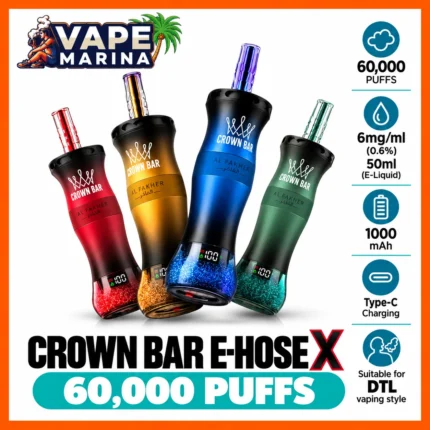 Al Fakher Crown Bar E-Hose X 60000 puffs 6mg shisha disposable vapes in red, gold, blue and green