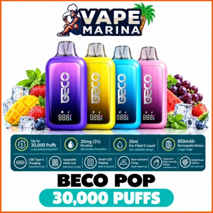 BECO Pop 30000 puffs disposable vapes with 850mAh battery, 20mg nicotine and 20ml e-liquid