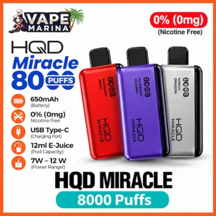 HQD Miracle 8000 puffs zero nicotine disposable vapes in red, purple and silver with LED display