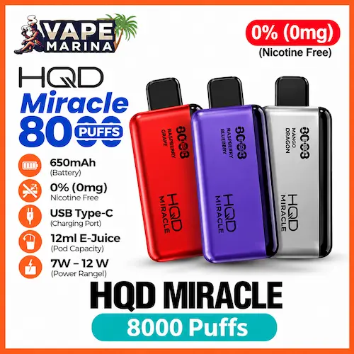 HQD Miracle 8000 Puffs Zero Nicotine Disposable Vape HQD Miracle 8000 puffs zero nicotine disposable vapes in red, purple and silver with LED display