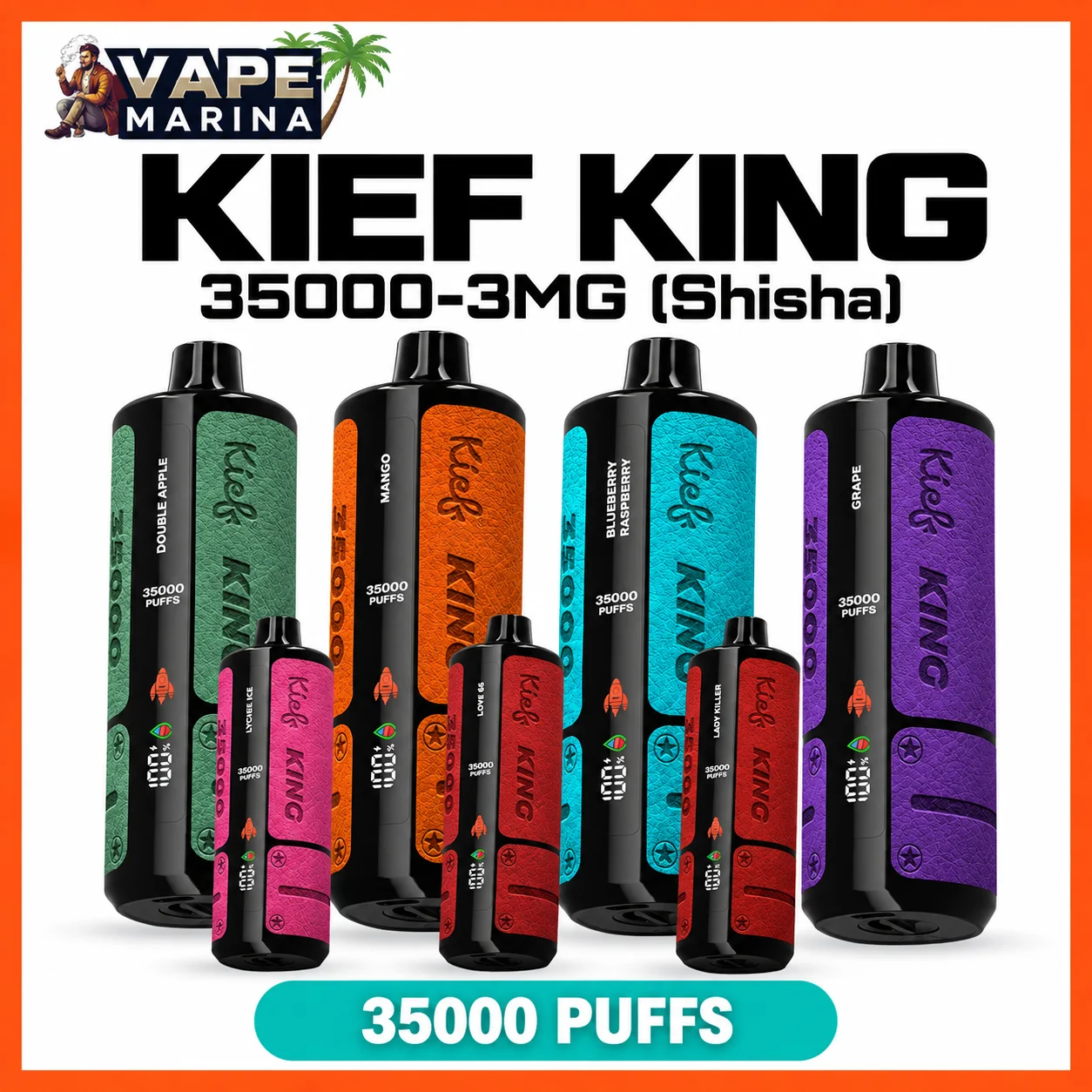 Kief King 35000 Puffs Shisha Disposable Vape Kief King 35000 puffs 3mg shisha disposable vapes in Double Apple, Mango, Blueberry Raspberry, Grape, Lychee Ice, Love 66 and Lady Killer