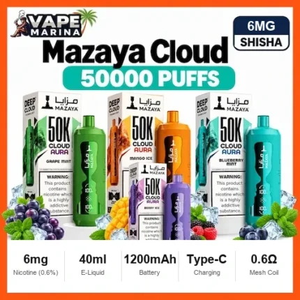 Mazaya Cloud Aura 50000 puffs 6mg shisha disposable vapes in Grape Mint, Mango Ice, Berry Ice and Blueberry Mint with boxes