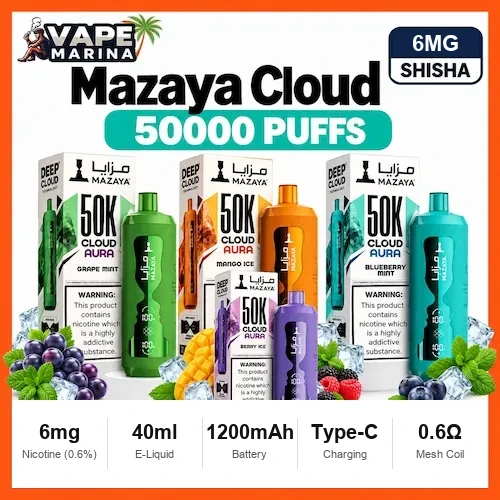 Mazaya Cloud Aura 50000 Puffs Shisha Disposable Vape Mazaya Cloud Aura 50000 puffs 6mg shisha disposable vapes in Grape Mint, Mango Ice, Berry Ice and Blueberry Mint with boxes
