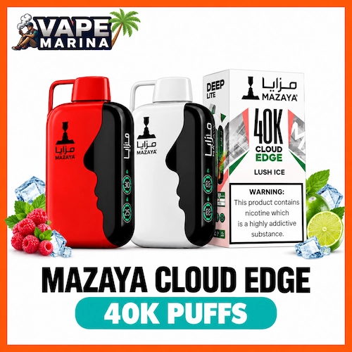 Mazaya Deep Lite Cloud Edge 40000 Puffs Disposable Vape Mazaya Deep Lite Cloud Edge 40K puffs 20mg disposable vapes in red and white with Lush Ice box