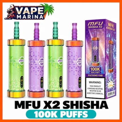 MFU Shisha X2 100K puffs hookah-style disposable vapes in green and purple with retail box