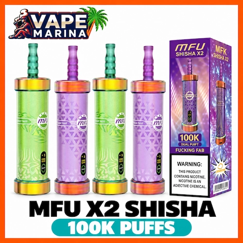 MFU Shisha X2 100K Puffs Disposable Vape MFU Shisha X2 100K puffs hookah-style disposable vapes in green and purple with retail box