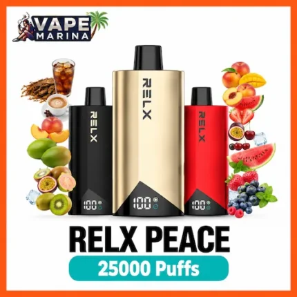 RELX Peace 25000 puffs disposable vapes in black, gold and red with digital display