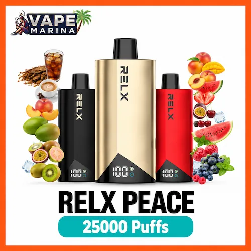 RELX Peace 25000 Puffs Disposable Vape RELX Peace 25000 puffs disposable vapes in black, gold and red with digital display