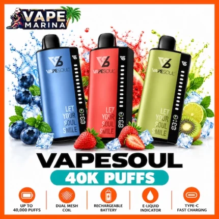 Vapesoul 40000 puffs 20mg dual mesh disposable vapes in Blueberry, Strawberry Watermelon and Strawberry Kiwi colours