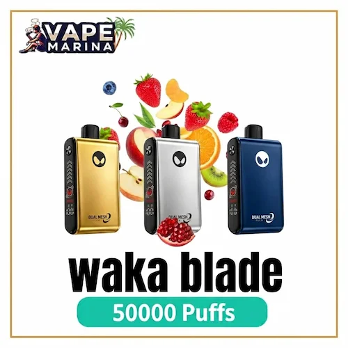 WAKA Blade 50000 Puffs Disposable Vape WAKA Blade 50000 puffs disposable vapes in gold, silver and navy with dual mesh coil and fruit