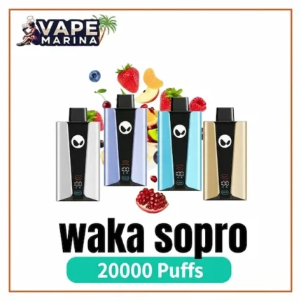 WAKA soPro 20000 puffs disposable vapes in silver, lavender, light blue and gold with fruit